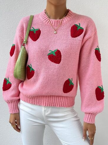 SHENHE Women's Cute Strawberry Print Crew Neck Drop Shoulder Sweater Pullover Top in Saudi Arabia