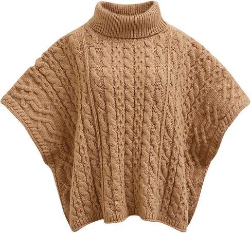 CHICWISH Women Turtleneck Cable Knit Cape Sweater Chunky Fall Casual Pullover Top Elbow Sleeves Sweater Vest Camel in Saudi Arabia