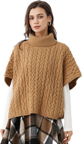 CHICWISH Women Turtleneck Cable Knit Cape Sweater Chunky Fall Casual Pullover Top Elbow Sleeves Sweater Vest Camel in Saudi Arabia