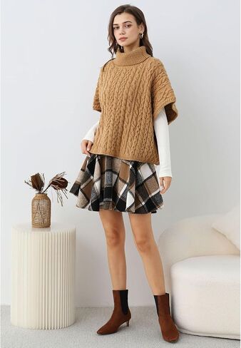 CHICWISH Women Turtleneck Cable Knit Cape Sweater Chunky Fall Casual Pullover Top Elbow Sleeves Sweater Vest Camel in Saudi Arabia