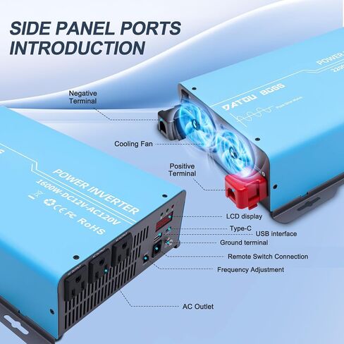 DATOUBOSS Power Inverter 2400W Pure Sine Wave Inverter 12V to 110V 120V AC Converter, 1200 Watt Power Inverters with 3 AC AC Outlets and USB & Type-C for Car, RV, Home, Truck, Off-Grid Solar in Saudi Arabia