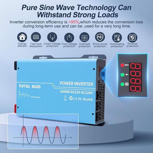 DATOUBOSS Power Inverter 2400W Pure Sine Wave Inverter 12V to 110V 120V AC Converter, 1200 Watt Power Inverters with 3 AC AC Outlets and USB & Type-C for Car, RV, Home, Truck, Off-Grid Solar in Saudi Arabia