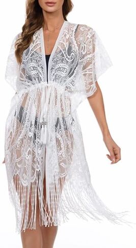 Womens Bathing Suit Cover Up Mesh Swimsuit Coverup Long Sheer Beach Robe Dress Crochet Lace Kimono Summer Cardigan in Kuwait