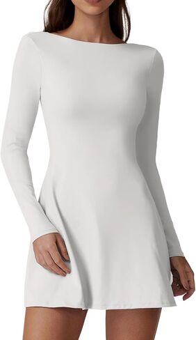 QINSEN Women's Open Back Tennis Dress Long Sleeve Built in Shorts Golf Athletic Dress with Pockets in Kuwait