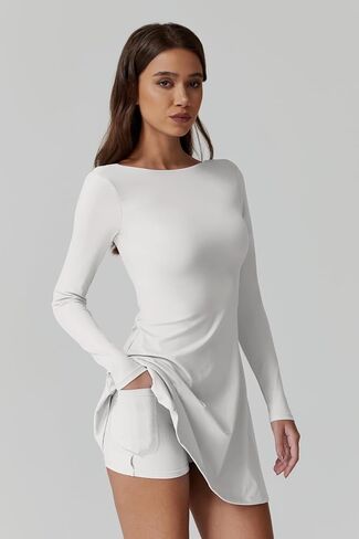 QINSEN Women's Open Back Tennis Dress Long Sleeve Built in Shorts Golf Athletic Dress with Pockets in Kuwait