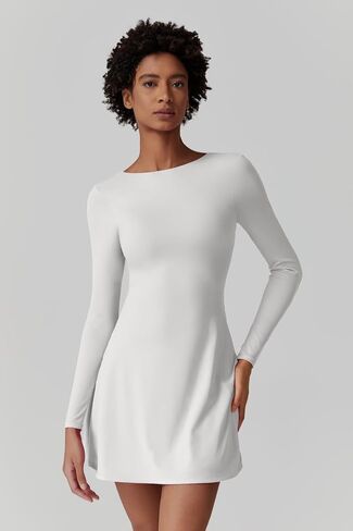 QINSEN Women's Open Back Tennis Dress Long Sleeve Built in Shorts Golf Athletic Dress with Pockets in Kuwait