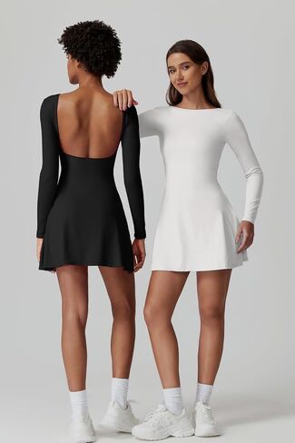 QINSEN Women's Open Back Tennis Dress Long Sleeve Built in Shorts Golf Athletic Dress with Pockets in Kuwait