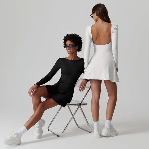 QINSEN Women's Open Back Tennis Dress Long Sleeve Built in Shorts Golf Athletic Dress with Pockets in Kuwait