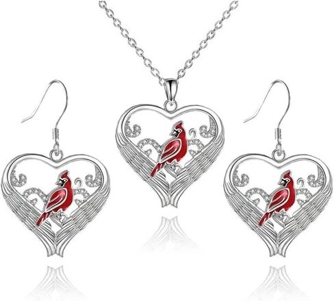 Red Cardinal Necklace Earrings Set Red Bird Cardinal Heart Charm Memorial Pendant Jewelry Gifts for Women in Saudi Arabia