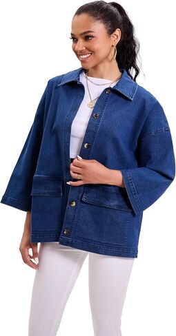 Women's Oversized 3/4 Kimono Sleeve distressed stretched Denim Jacket Casual Jean Jacket Top Coat with Pockets in Saudi Arabia