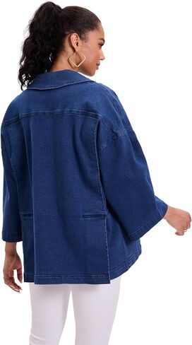 Women's Oversized 3/4 Kimono Sleeve distressed stretched Denim Jacket Casual Jean Jacket Top Coat with Pockets in Saudi Arabia