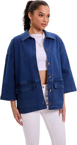 Women's Oversized 3/4 Kimono Sleeve distressed stretched Denim Jacket Casual Jean Jacket Top Coat with Pockets in Saudi Arabia