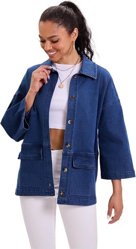 Women's Oversized 3/4 Kimono Sleeve distressed stretched Denim Jacket Casual Jean Jacket Top Coat with Pockets in Saudi Arabia