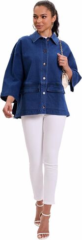 Women's Oversized 3/4 Kimono Sleeve distressed stretched Denim Jacket Casual Jean Jacket Top Coat with Pockets in Saudi Arabia