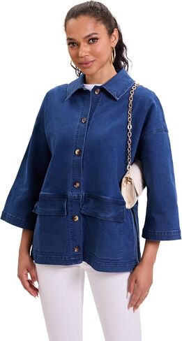 Women's Oversized 3/4 Kimono Sleeve distressed stretched Denim Jacket Casual Jean Jacket Top Coat with Pockets in Saudi Arabia