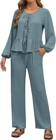 Womens 2 piece Outfits Long Sleeve Fall Lounge Pajama Sets Soft Sleepwear Tie Front Top Wide Leg Pants with Pockets in Saudi Arabia