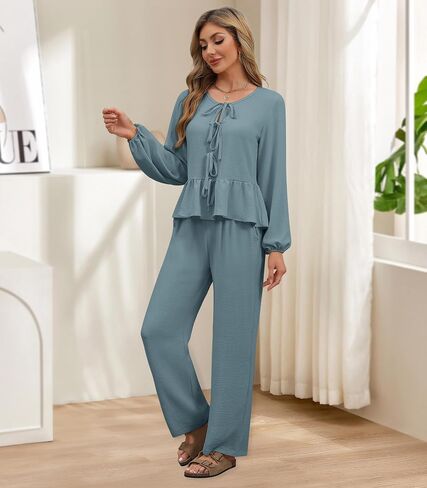 Womens 2 piece Outfits Long Sleeve Fall Lounge Pajama Sets Soft Sleepwear Tie Front Top Wide Leg Pants with Pockets in Saudi Arabia