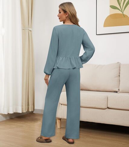 Womens 2 piece Outfits Long Sleeve Fall Lounge Pajama Sets Soft Sleepwear Tie Front Top Wide Leg Pants with Pockets in Saudi Arabia