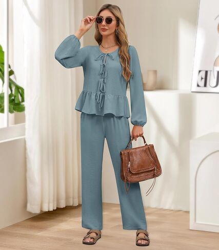 Womens 2 piece Outfits Long Sleeve Fall Lounge Pajama Sets Soft Sleepwear Tie Front Top Wide Leg Pants with Pockets in Saudi Arabia