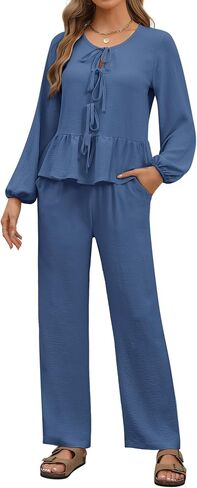 Womens 2 piece Outfits Long Sleeve Fall Lounge Pajama Sets Soft Sleepwear Tie Front Top Wide Leg Pants with Pockets in Saudi Arabia