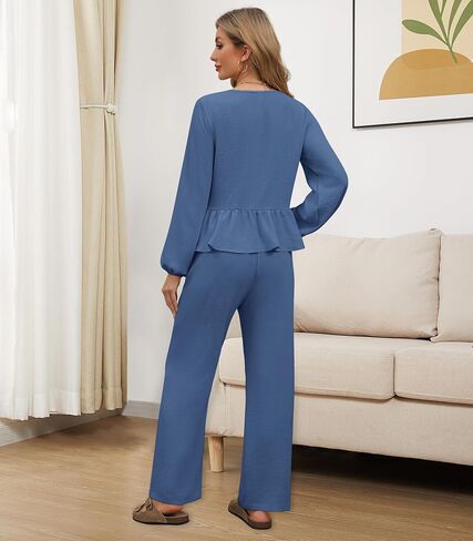 Womens 2 piece Outfits Long Sleeve Fall Lounge Pajama Sets Soft Sleepwear Tie Front Top Wide Leg Pants with Pockets in Saudi Arabia
