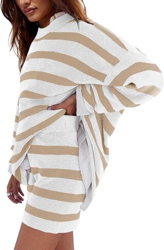 Womens Striped Sweater Set Oversized Lounge Sets Long Sleeve Sweater Top and Shorts Matching Pajamas in Kuwait
