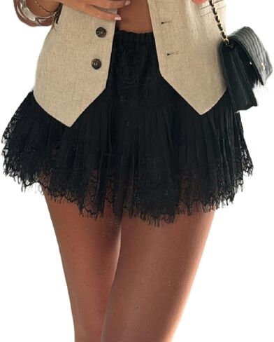 Women Y2K Black White Lace Mini Skirt Low Rise Half Slip Underskirt Ruffle Pleated Layered Flowy Short Skirts in Saudi Arabia