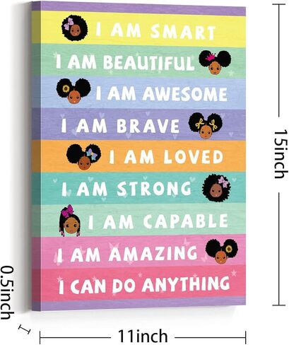 janlan تأكيد جدار ديكور، أنا فتاة سوداء ذكية تأكيد ملهمة جدار الفن قماش، فتاة سوداء تحفيزية قماش جدار الفن للأطفال الفتيات السود غرفة نوم الحضانة الفصول الدراسية 12 "× 15" in Kuwait