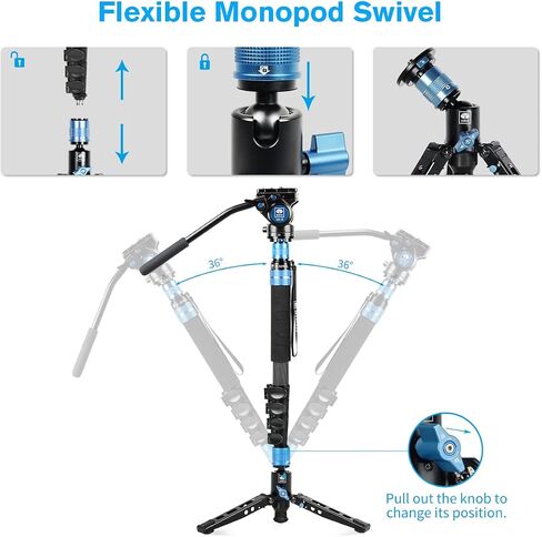SIRUI Camera Monopod with Feet,74"/188cm Aluminum Travel Monopod with Tripod Base, Lightweight Portable Video Monopod with Pan Tilt Fluid Head for DSLR Camera Camcorder, Max Load 17.6lb/8kg, AM-MDP02 in Saudi Arabia