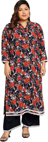 Tissu Women's Plus Size Black & Orange Printed Kurta with Palazzo in Saudi Arabia