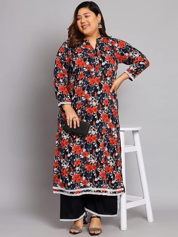 Tissu Women's Plus Size Black & Orange Printed Kurta with Palazzo in Saudi Arabia