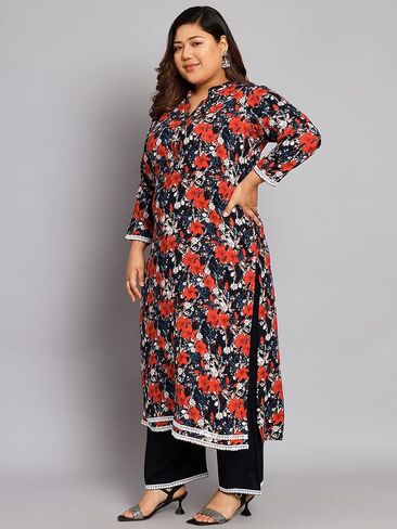 Tissu Women's Plus Size Black & Orange Printed Kurta with Palazzo in Saudi Arabia
