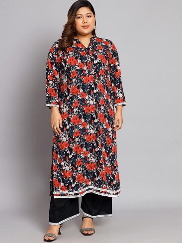 Tissu Women's Plus Size Black & Orange Printed Kurta with Palazzo in Saudi Arabia