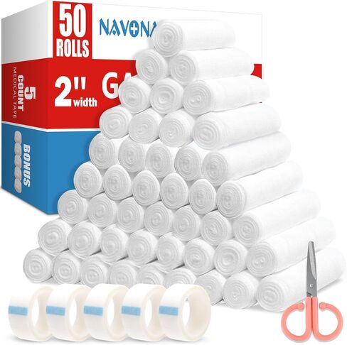 50 Pack Gauze Rolls Bandages, 2 in x 4.1 Yards, Individually Wrapped Breathable Rolled Gauze, Mummy Wraps, Premium First Aid Supplies & Medical Supplies for Wounds in Saudi Arabia