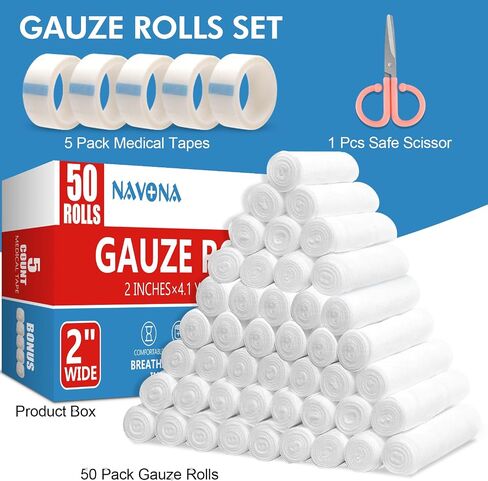 50 Pack Gauze Rolls Bandages, 2 in x 4.1 Yards, Individually Wrapped Breathable Rolled Gauze, Mummy Wraps, Premium First Aid Supplies & Medical Supplies for Wounds in Saudi Arabia