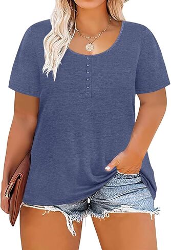 RITERA Plus Size Tops for Women Summer Short Sleeve Button Henley Shirts Oversized Tunic Blouse XL-6XL in Kuwait