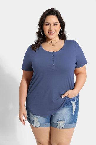RITERA Plus Size Tops for Women Summer Short Sleeve Button Henley Shirts Oversized Tunic Blouse XL-6XL in Kuwait