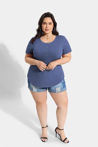 RITERA Plus Size Tops for Women Summer Short Sleeve Button Henley Shirts Oversized Tunic Blouse XL-6XL in Kuwait