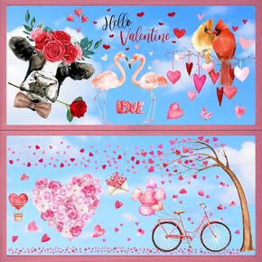 Quera Large Valentine's Day Window Clings Sticker Double-Sided Watercolor Heart Cardinal Cow Flamingo Window Decals Red PVC Stickers for Home Wedding Anniversary Party Supplies Shop Window Glass Disp