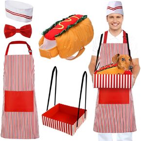 5 Pcs Adult Waiter Costume with Dog Hotdog Costume, Hot Dog Popcorn Costume Carnival Circus Party Cosplay Costume