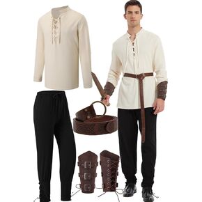 5 Pcs Halloween Men's Renaissance Costume Medieval Pirate Shirt and Pants Viking Costume Accessory Set