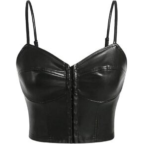 MakeMeChic Women's PU Leather Spaghetti Strap V Neck Sleeveless Camisole Asymmetrical Backless Y2K Crop Top