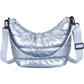 Metallic Puffy Crossbody Quilted Shoulder Bag for Women Metallic Puffer Purse Large Capacity Tote Bag with Adjustable Nylon Strap (Blue)