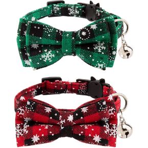 LUTER 2Pcs Christmas Plaid Cat Collars Breakaway with Bow Tie and Bells, Adjustable Collars for Cats, Kitten, Puppy Supplies (Red, Green)