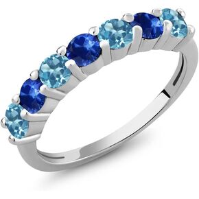 Gem Stone King 925 Sterling Silver Round Swiss Blue Topaz Blue Sapphire Anniversary Ring For Women (1.46 Cttw, Gemstone Birthstone, Available in size 5, 6, 7, 8, 9)