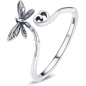 Dragonfly Wrap Finger Rings Sterling Silver 925 Adjustable Vintage Retro Cute Insect with Heart Open Statement Ring Engagement Wedding Eterntiy Ring Fashion Jewelry Gifts for Women Christmas Day