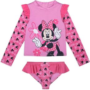 Disney Minnie Mouse Girls UPF 50+ Long Sleeve Rash Guard & Bikini Bottom Two Piece Swimsuit Set for Toddlers to Little Kids