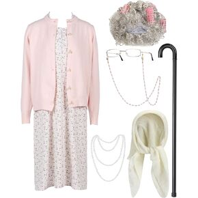 7 Pcs Halloween Old Lady Costume Set Old Lady Dress Sweater Granny Wig Glasses Cane Necklace Grandma Scarf for Women