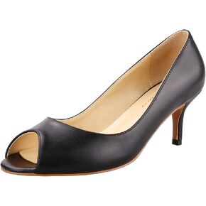 Lutalica W Women's Classic Matte Leather Open Toe Low Kitten Heel Sandals Slip On Medium Heel Peep Toe Dress Pumps Black Size 9
