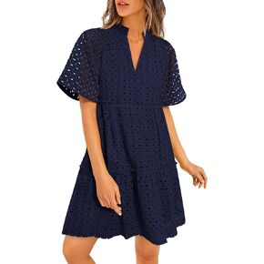 PRETTYGARDEN Women's Short Sleeve Mini Dress 2025 Summer V Neck Hollow Out Eyelet Ruffle A Line Swing Short Dresses